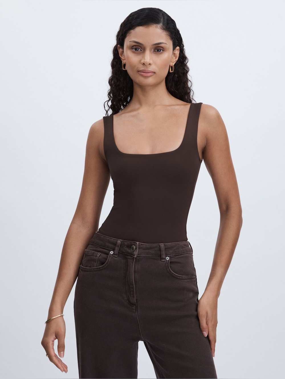Good American Bodysuit Square Neck Scuba Modern Tank Chocolate Brown Size 2